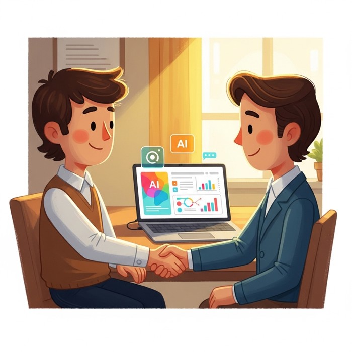A job interview scene where a confident worker shakes hands with a smiling employer, a laptop open showing AI dashboards between them, bright modern office, professional and positive mood.