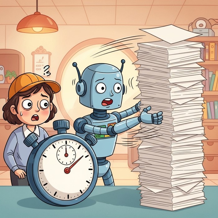 A cartoon stopwatch showing a robot completing a stack of documents in seconds while a tired human worker looks on with wide eyes, humorous and exaggerated style, white office background.