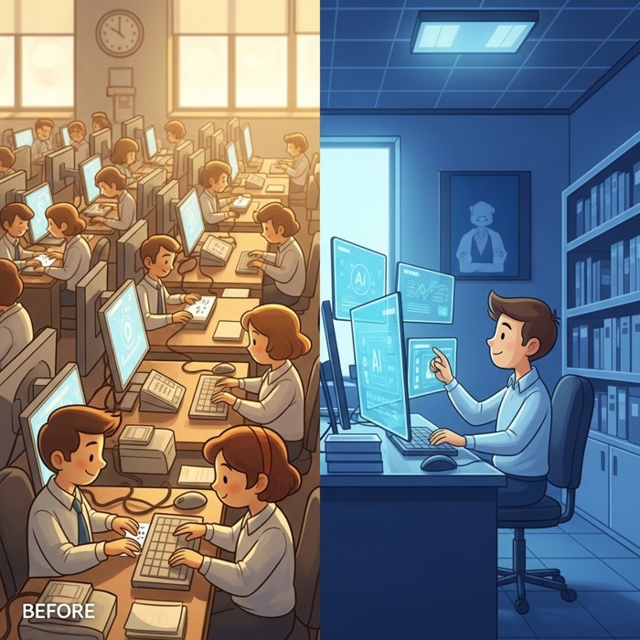 A before-and-after office scene: on the left, rows of workers typing numbers into computers; on the right, a single worker monitoring AI screens, calm and modern, cool blue tones.