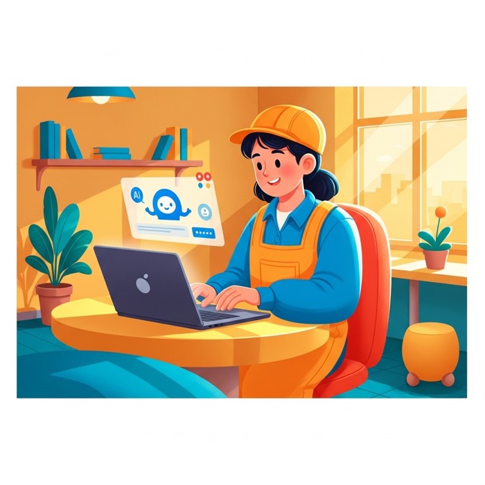 A smiling engineer using a laptop with an AI assistant interface visible on the screen, bright modern office, confident mood.