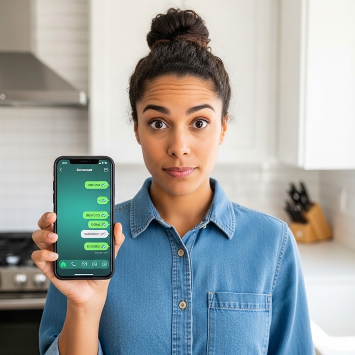 A person holding a phone with a chat interface, one eyebrow raised in curious surprise, standing in a sunny kitchen.