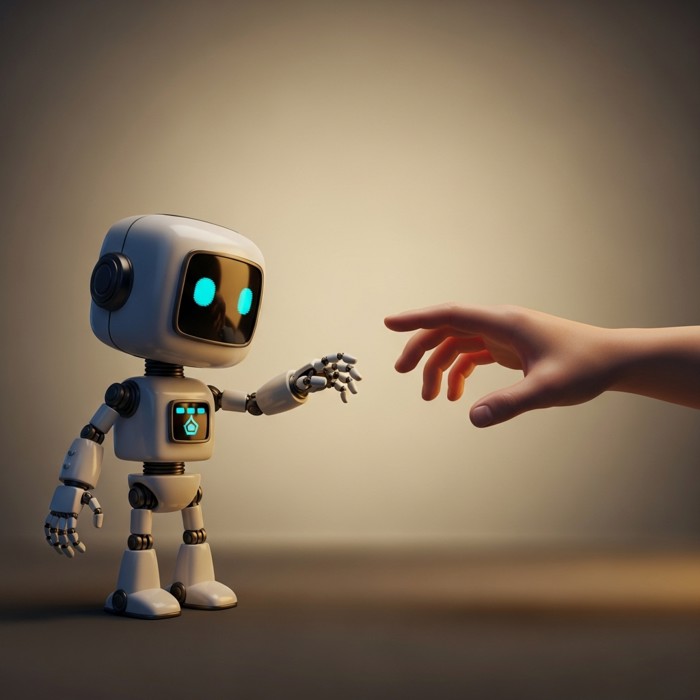 A small cartoon robot reaching out a mechanical hand toward a human hand, both hands almost touching, soft warm background light.