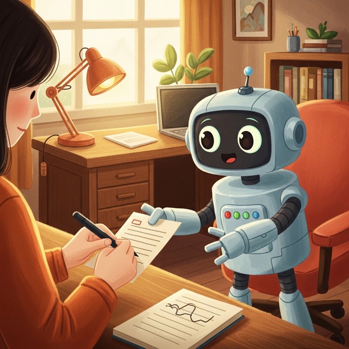A person carefully handwriting a short, precise note and passing it to a helpful robot with big round eyes, warm golden light, cozy office setting.