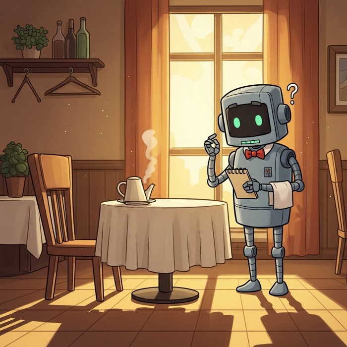 A cartoon waiter robot standing next to an empty table, looking confused, holding a notepad, waiting for a clear order in a cozy restaurant.