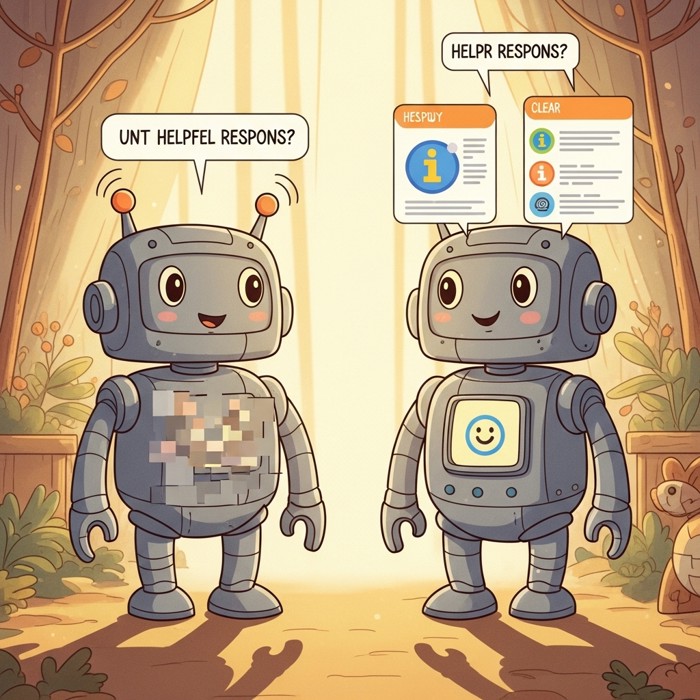 A side-by-side comparison showing a blurry, unhelpful AI response on one side and a clear, detailed, helpful response on the other, colorful infographic style.
