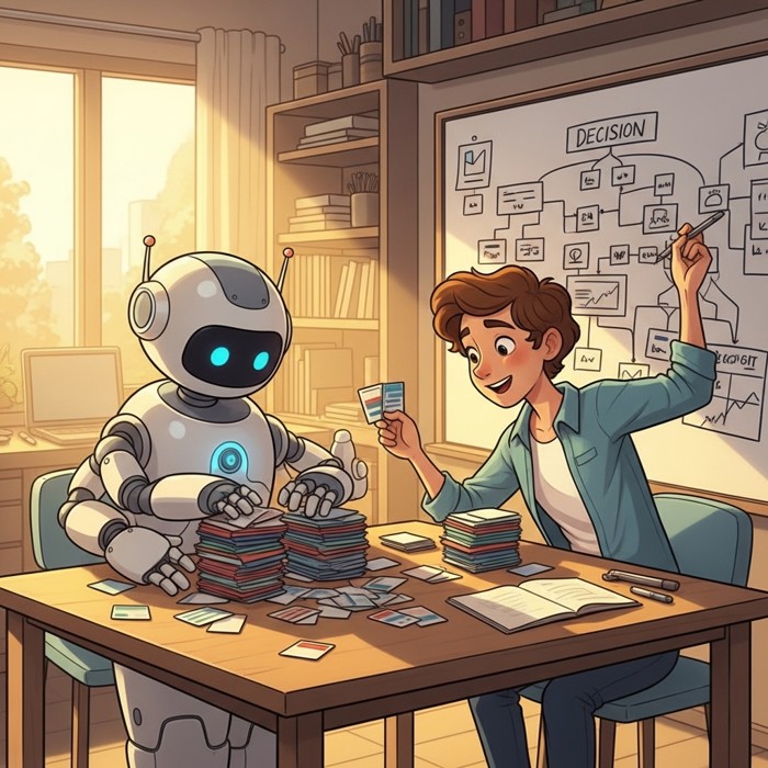 A person and a robot dividing tasks at a shared table, the robot sorting piles of data cards while the human draws a decision map on a whiteboard, in a bright modern workspace.