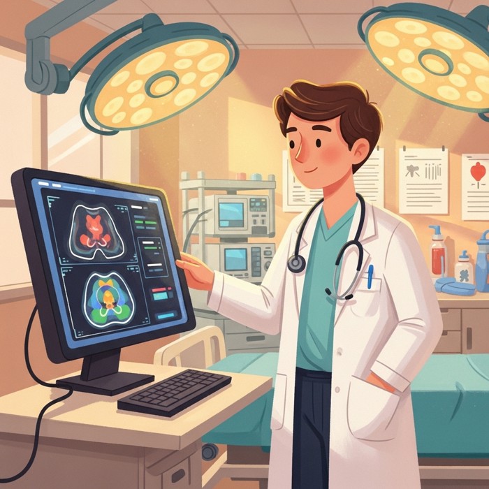 A doctor in a white coat standing beside a large computer screen that highlights a medical scan, looking focused and confident in a clean hospital room.
