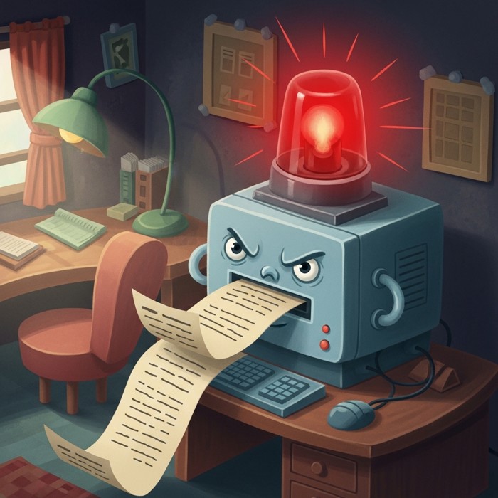 A timeline showing old paper files being fed into a computer, with a warning light flashing red above the machine, in a dark office setting.