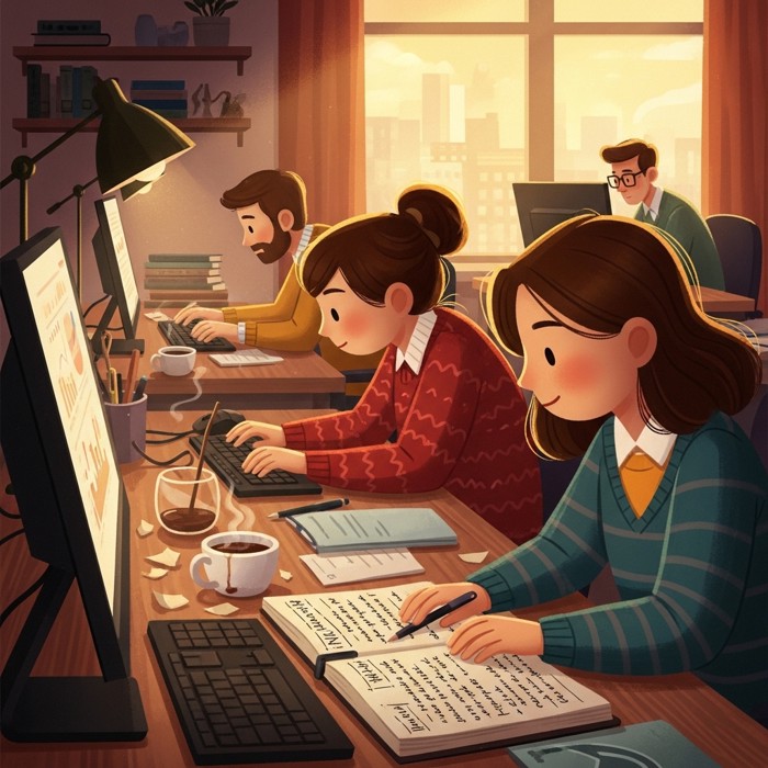 A late-afternoon office scene bathed in golden light, workers leaning toward screens with focused expressions, coffee cups half-empty, notebooks filled with handwritten notes
