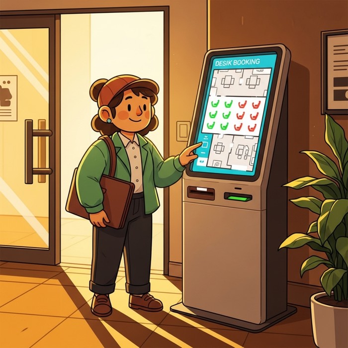 A cheerful worker scanning a digital desk-booking kiosk near the entrance of a modern office, a touchscreen map showing green and red seat icons across the floor plan