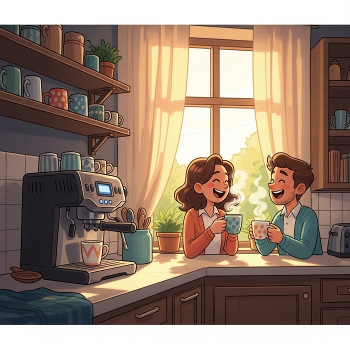 A cozy office kitchen with a sleek espresso machine, mismatched mugs on open shelves, two colleagues laughing over steaming cups beside a sunlit window