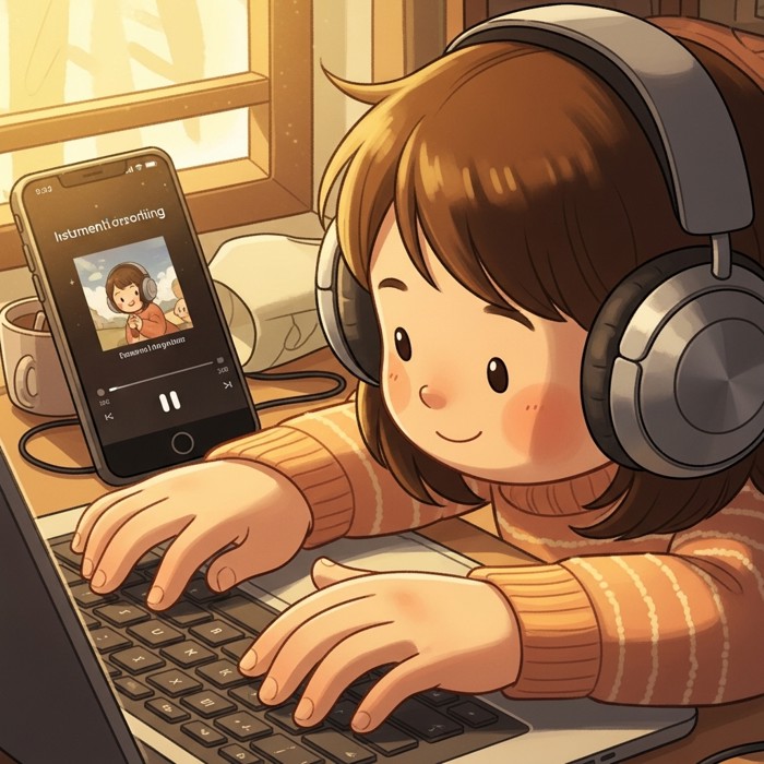 A close-up of hands typing on a laptop keyboard while wearing sleek noise-canceling headphones, a phone screen nearby showing a soft instrumental playlist