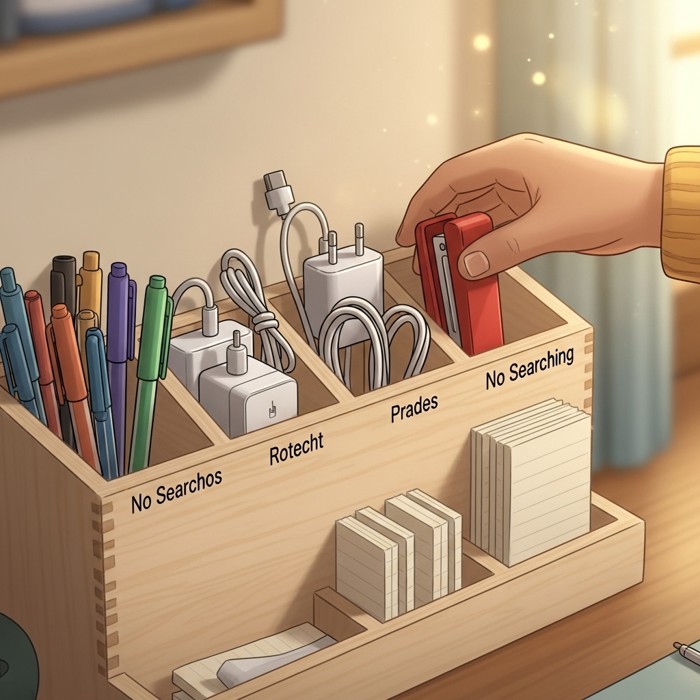 A neatly labeled desk organizer holding pens, chargers, and notepads in fixed slots, a hand reaching directly for a stapler without searching