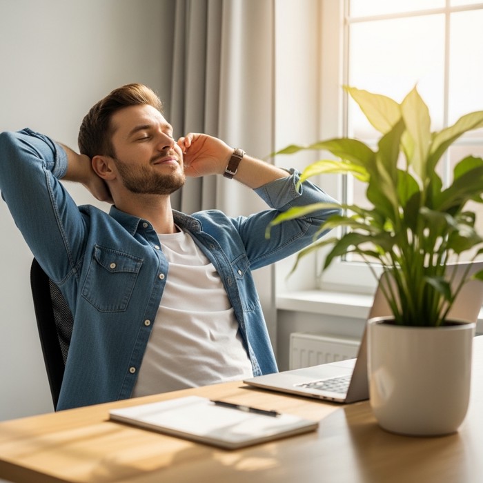 A worker leaning back in their chair with a relaxed smile, gently touching the leaves of a potted plant beside their laptop on a sunlit desk