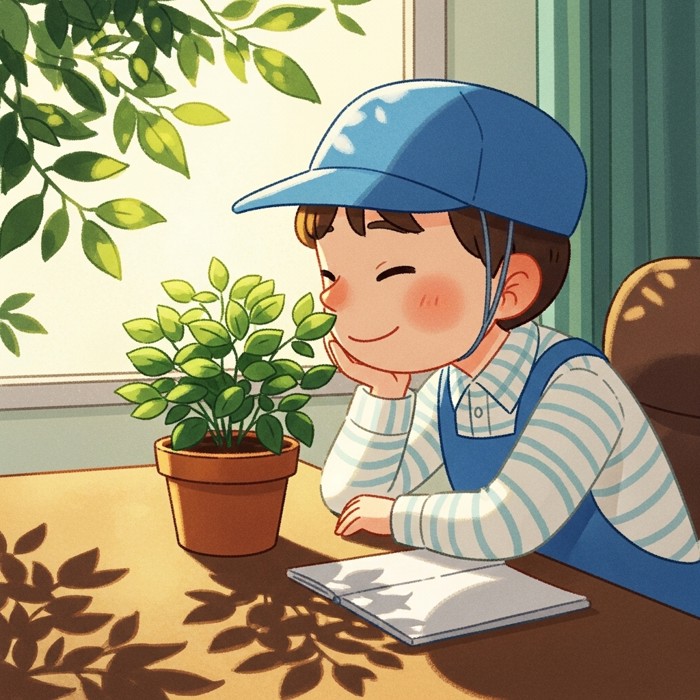 A worker pausing to smell a small potted plant on their desk, a relaxed smile on their face, sunlight filtering through nearby leaves