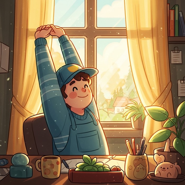 A smiling worker stretching beside a sunlit window, warm daylight brightening their desk and face, appearing alert and cheerful mid-morning