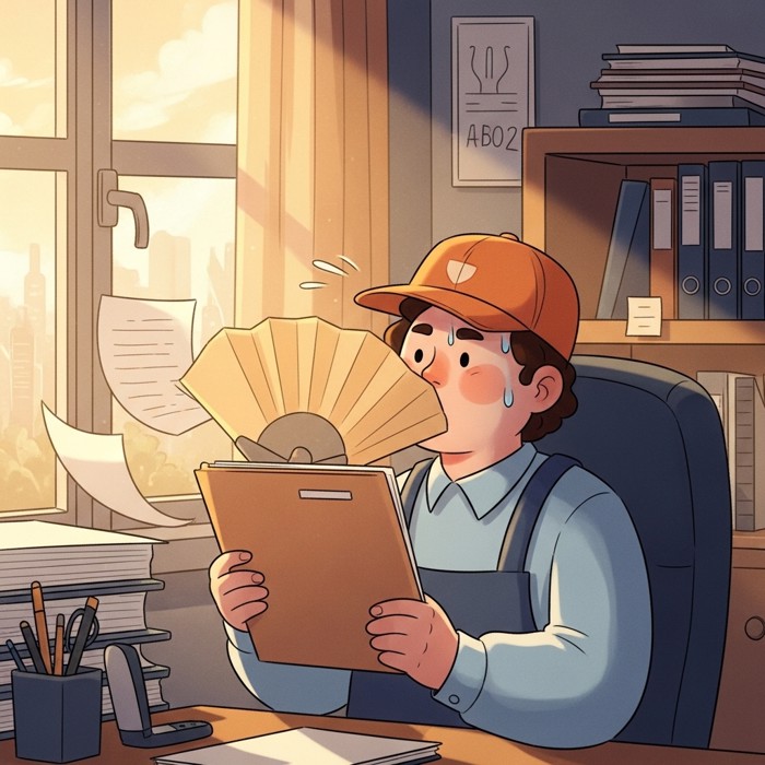 A worker fanning themselves with a folder in an overheated office, sweat visible, papers curling slightly from the heat near a sunny window