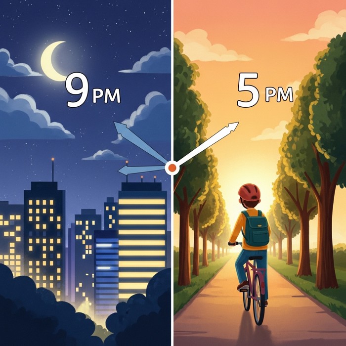A split clock showing two time zones — one hand pointing to 9 PM over a lit office building in one city, the other pointing to 5 PM over a worker cycling home in another, warm evening light in the background