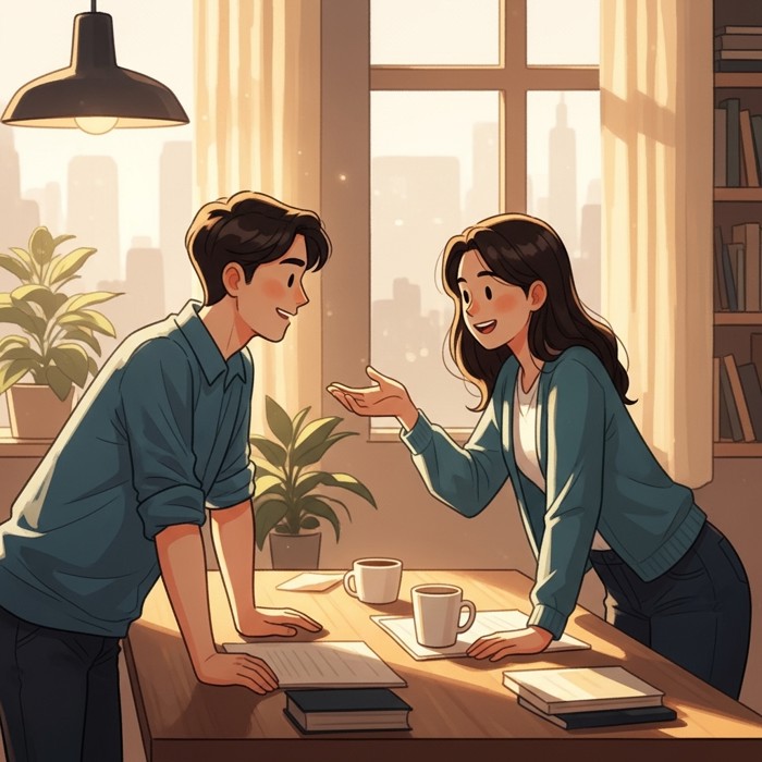 Two smiling coworkers in casual clothes leaning over a shared desk, one gesturing freely while speaking, coffee cups nearby, warm natural light filling a relaxed open-plan office