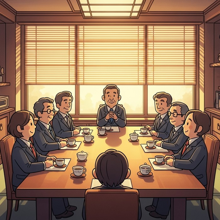 A formal Japanese boardroom with suited professionals seated around a long polished table, heads nodding in consensus, tea cups arranged neatly before each participant, soft natural light through shoji-style blinds