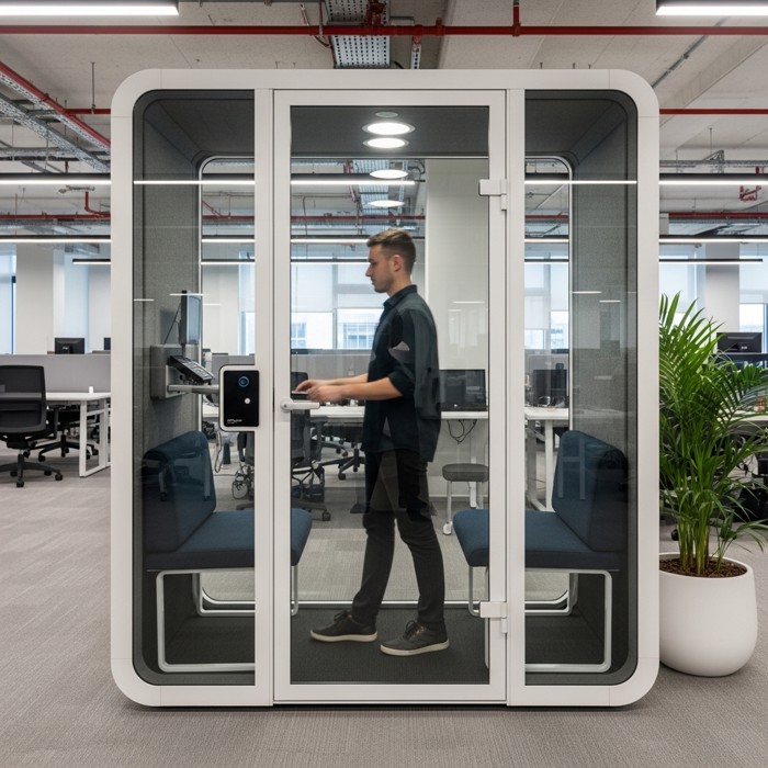 A worker stepping into a small soundproof phone booth with glass walls, closing the door behind them to focus quietly away from the open office noise