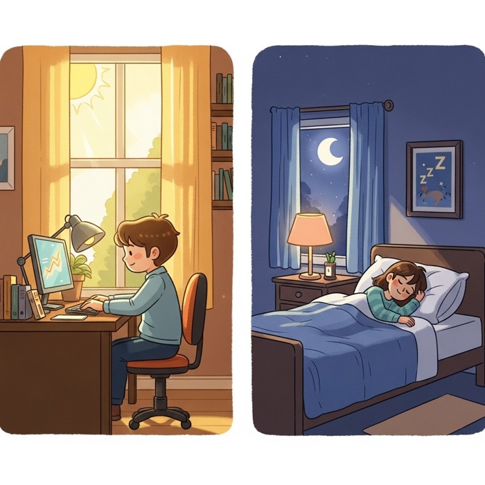 A relaxed employee working cheerfully at a window-side desk during the day, contrasted with a peaceful nighttime scene of the same person sleeping soundly at home