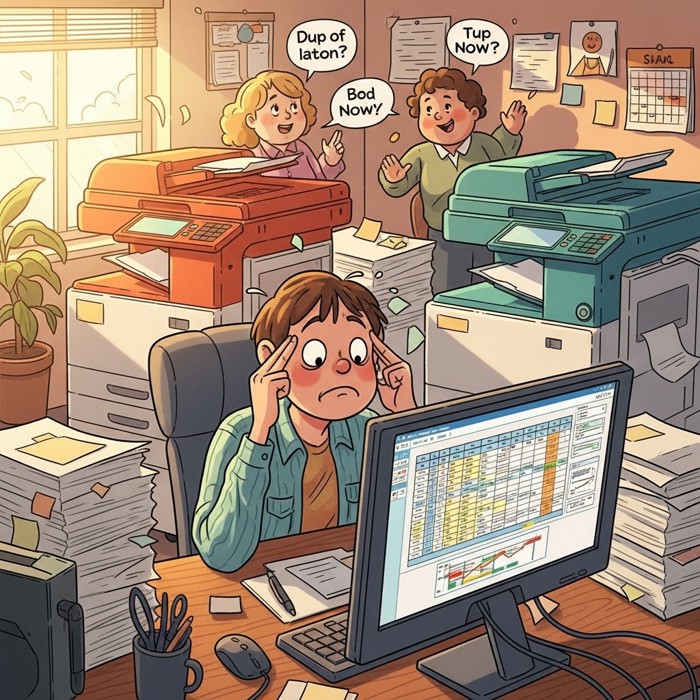 A stressed worker pressing fingers to their temples at a desk surrounded by loud photocopiers and chatting colleagues, an unfinished complex spreadsheet on screen