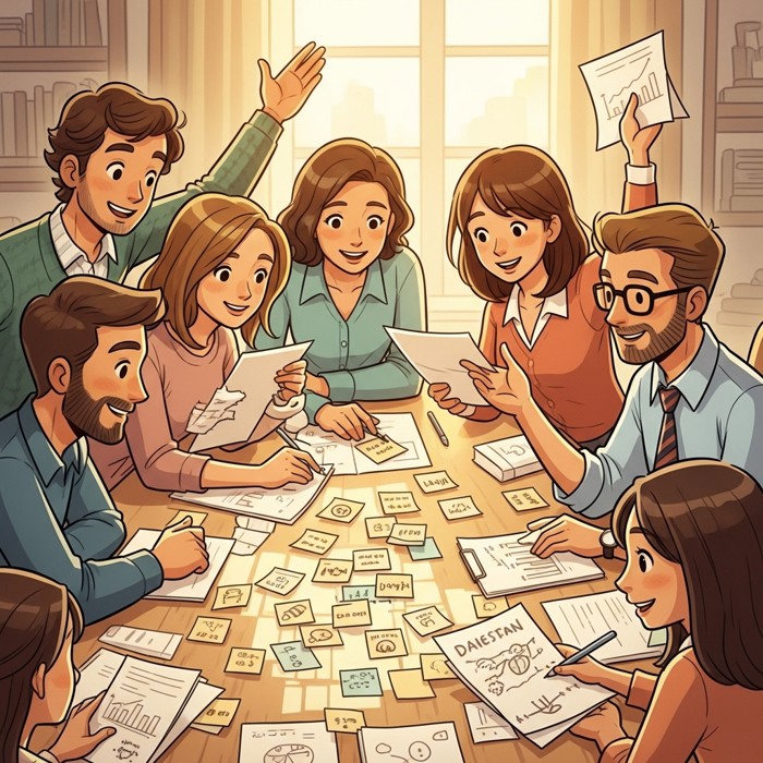 A relaxed group of employees brainstorming around a table covered in sticky notes, leaning in comfortably and laughing, papers and ideas flowing freely between them