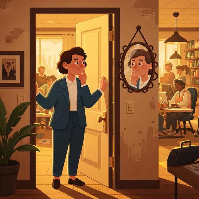 A manager pausing thoughtfully before entering a busy office, hand on the door, reflecting on their own expression before stepping in to greet the waiting team