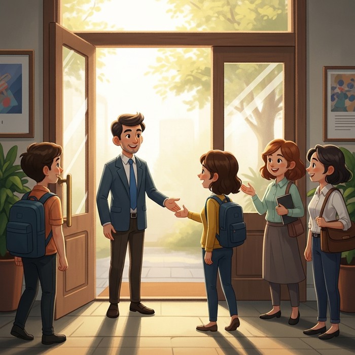 A manager pausing at the office entrance to greet an arriving employee with a genuine smile and handshake, early morning sunlight flooding the lobby, other staff smiling nearby