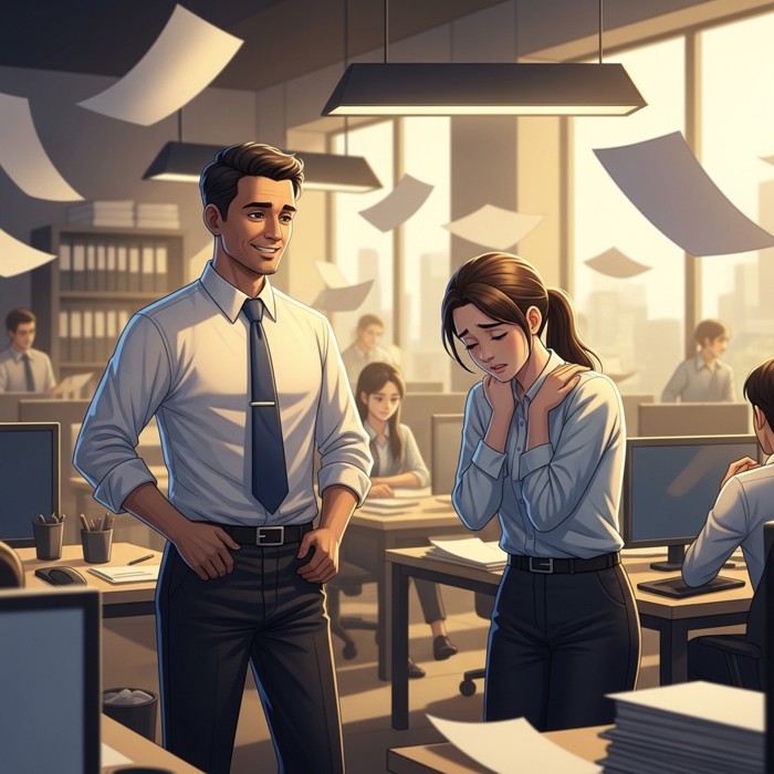 A manager standing composed amid a bustling office during a visible deadline rush, speaking steadily to a worried employee whose shoulders begin to relax