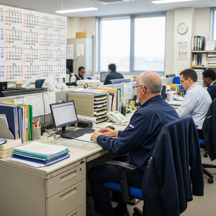 A long-tenured employee at their desk years later, a wall calendar showing many months, surrounded by familiar colleagues, radiating comfort and belonging in a settled, bright office