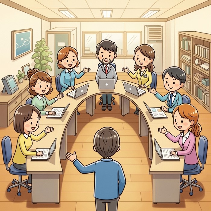 A semicircle of smiling colleagues taking turns introducing themselves to a new employee in a bright meeting room, each gesturing toward their own desk area with friendly enthusiasm