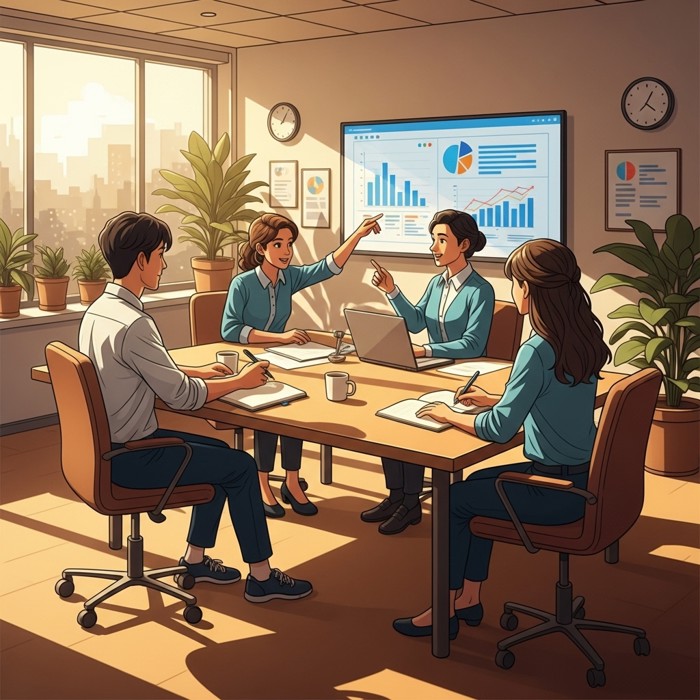 A new employee sitting quietly at the edge of a conference table, notebook open, listening intently as colleagues discuss a project displayed on a screen