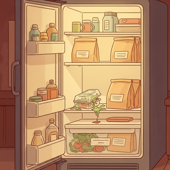 An office refrigerator door opened to reveal a forgotten, wilted lunch container pushed to the back shelf among tidy labeled lunch bags