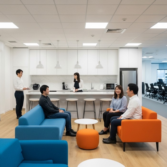 A wide shot of a harmonious office kitchen and lounge area, several colleagues chatting cheerfully while surfaces stay spotless and organized around them