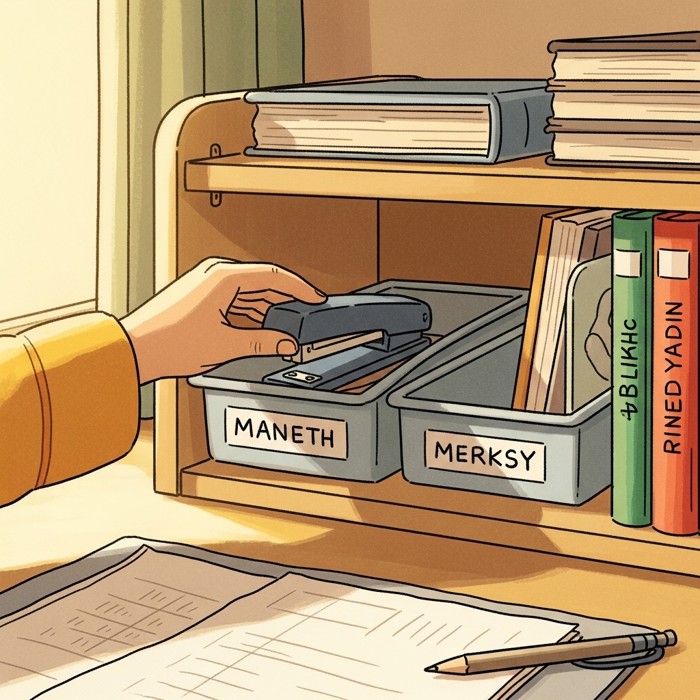A hand placing a stapler back into its labeled tray on an organized shared shelf, the surrounding desk wiped clean and clutter-free