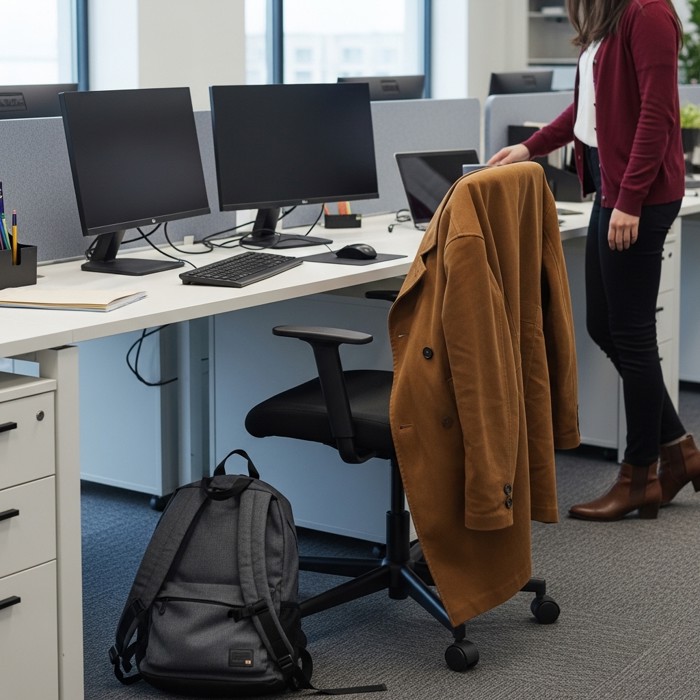 An empty desk cluttered with an abandoned backpack slumped over the chair and a coat draped across the keyboard, while a colleague hovers nearby looking for a seat