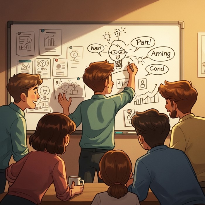 An employee sketching an idea excitedly on a whiteboard while colleagues lean in, nodding and adding their own suggestions with open enthusiasm