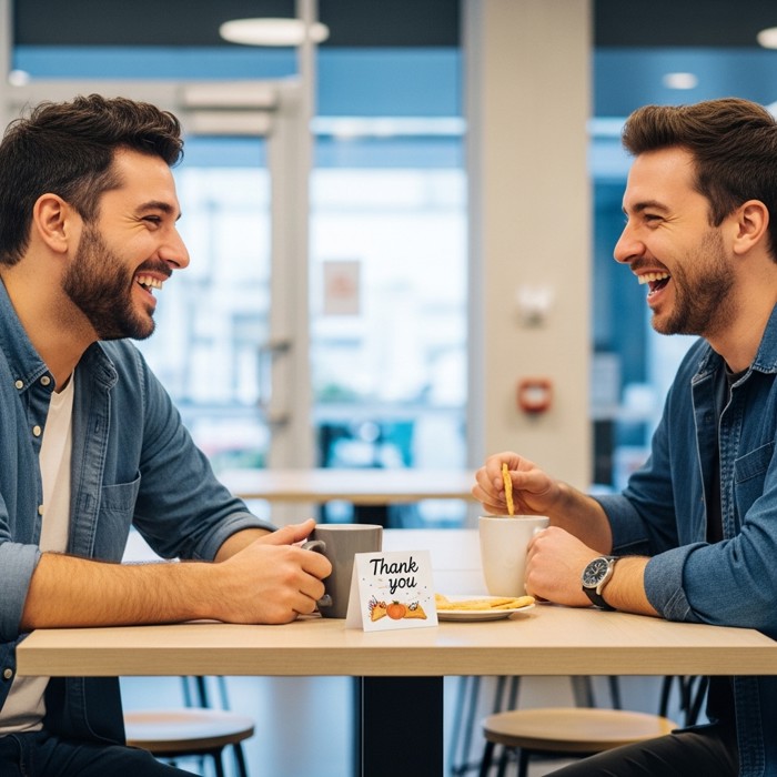 Two colleagues laughing together over a shared snack at a break room table, a small thank-you card propped against a mug between them