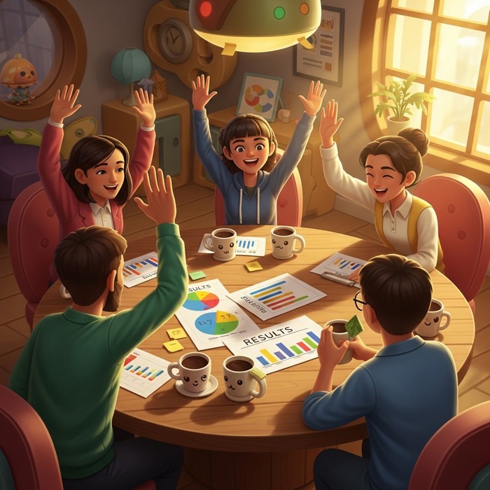 A confident, energized team celebrating a finished project together, high-fiving around a table covered with successful charts and empty coffee cups