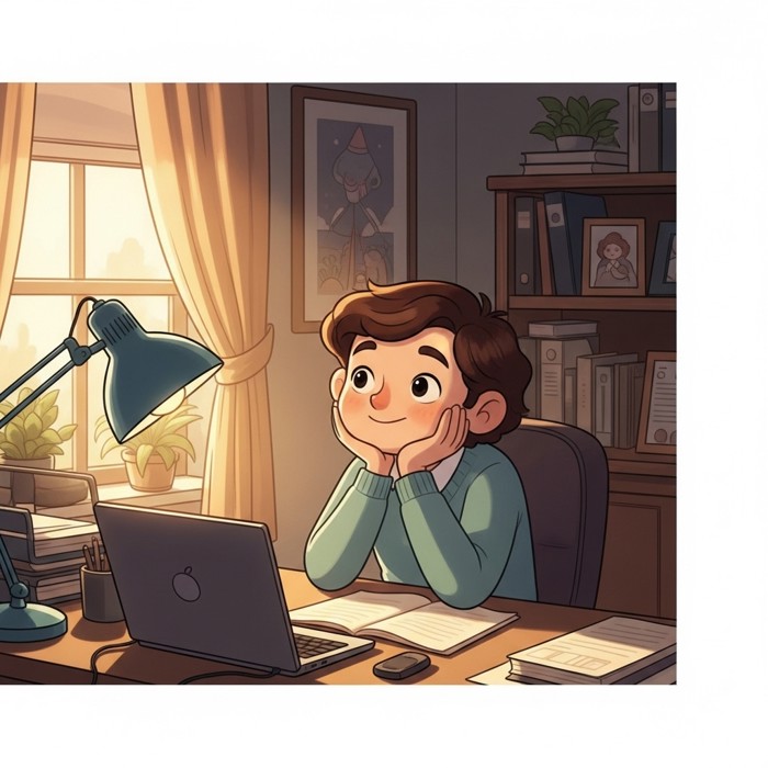 A quiet employee at their desk looking up with a small, pleased smile after being greeted, shoulders relaxing as they settle into their morning