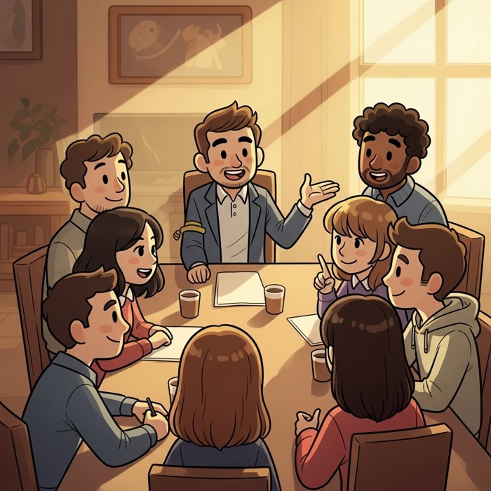 A wide shot of a team huddled around a table, every face turned attentively toward whoever is speaking, each person clearly included in the discussion