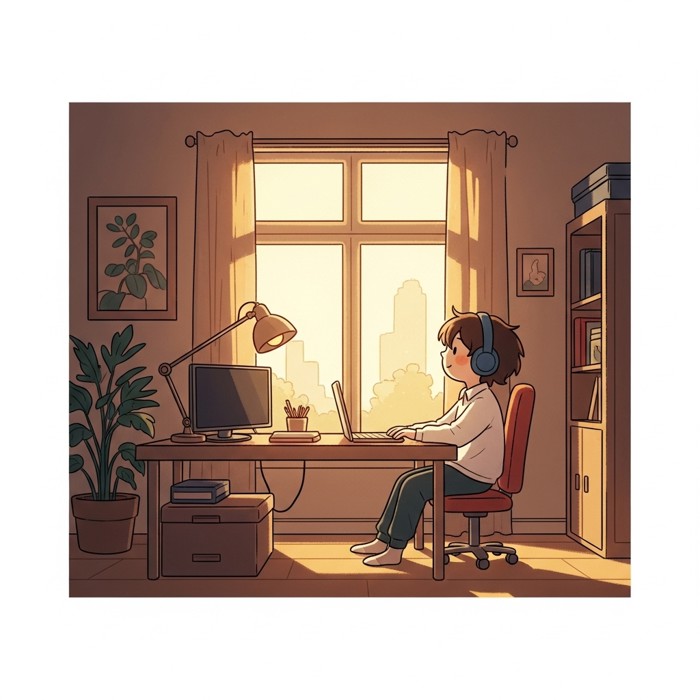 A lone figure sitting peacefully at an empty sunlit desk in the early morning, savoring the quiet golden light before any other coworkers arrive