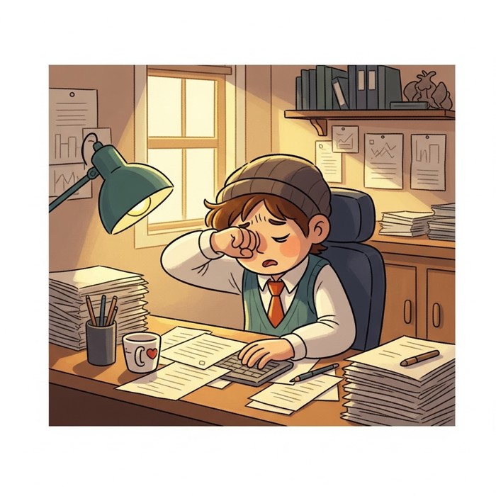 A tired office worker rubbing their eyes at a dim desk, papers scattered and unfocused, struggling to concentrate under harsh fluorescent light in a shadowy corner