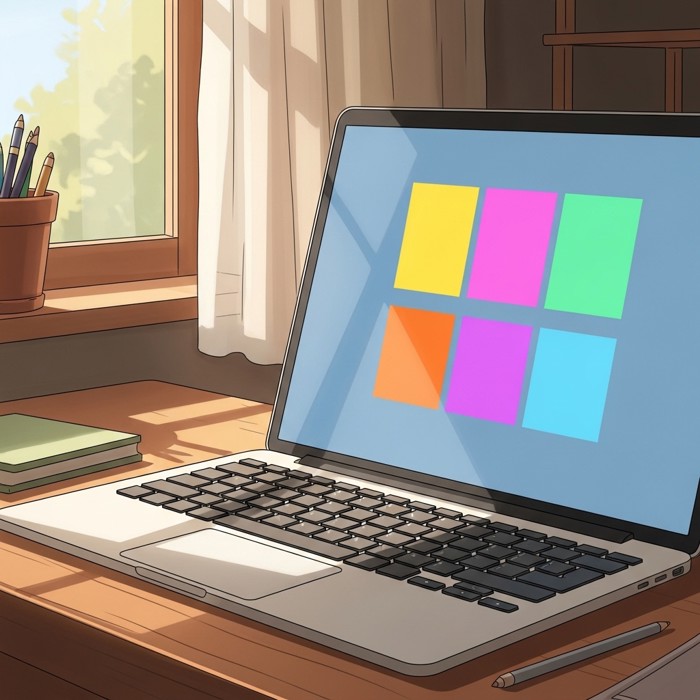 A close-up of a laptop screen glowing with vivid, easy-to-read colors as soft daylight from a nearby window falls across the keyboard and desk