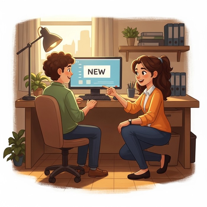 A cheerful coworker crouching beside a new employee's desk, pointing helpfully at a computer screen and offering a warm, welcoming smile