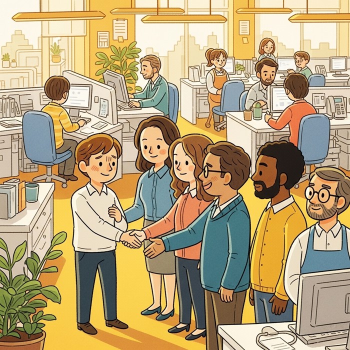 A new employee smiling awkwardly while shaking hands with several coworkers in a row, trying to recall each name during a busy office introduction