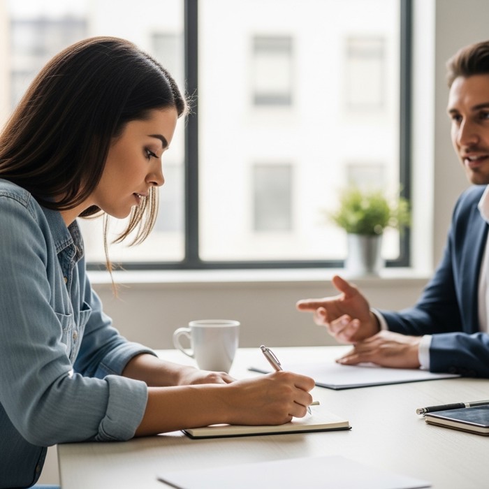 A new employee leaning forward attentively, pen in hand, writing notes in a notebook while a manager speaks across a meeting table in a sunlit room