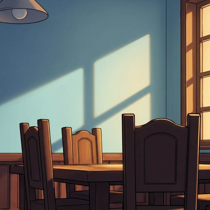 A close-up of a soft light blue wall in the meeting room, its calm color contrasting gently with dark wooden furniture and warm lighting
